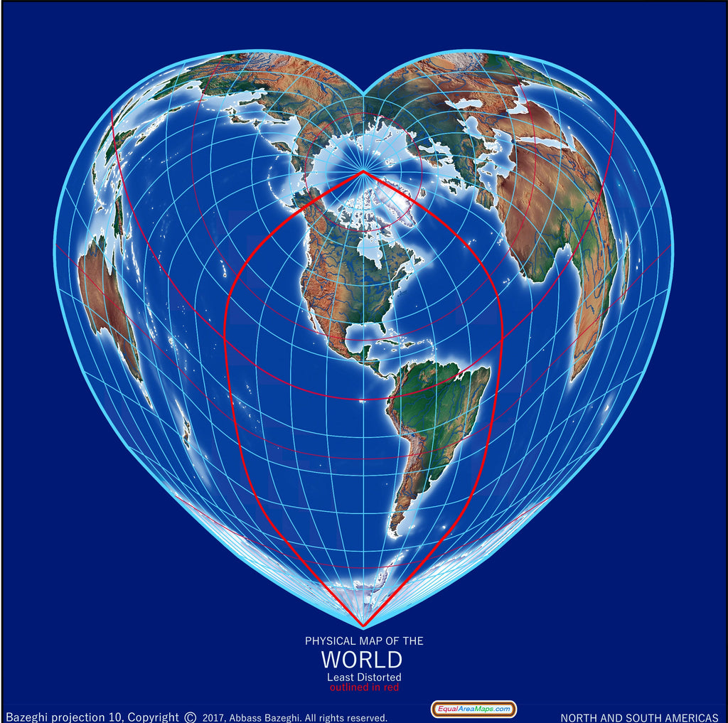 Heart-Shaped Equal Area Physical World Map, Americas-Centered by Equal Area Maps Maps.com