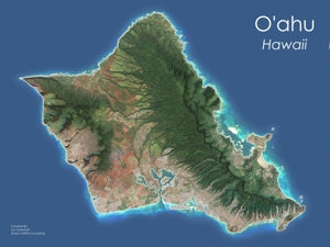 Oahu, Hawaii Satellite Image Wall Map