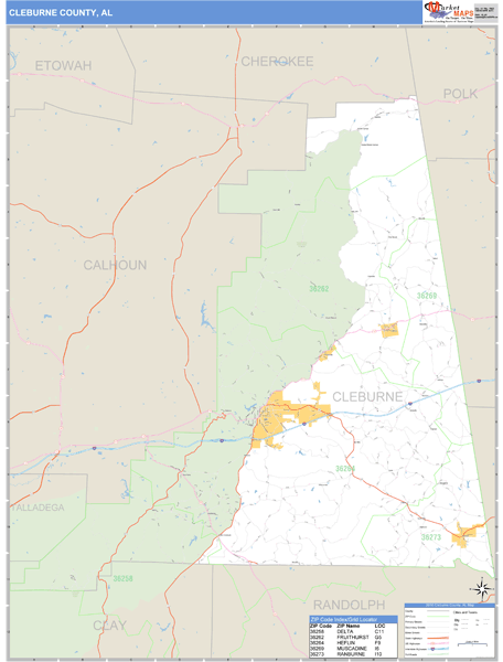 Cleburne County, Alabama Zip Code Wall Map Market Maps (IDI)