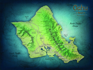 Oahu Hawaii Watercolor Style Wall Map