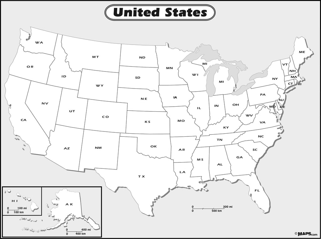 Black and White US Outline Wall Map Maps.com