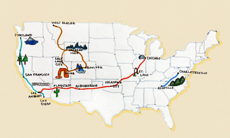 An illustrated map showing four roadtrips: Pacific Coast Highway, Route 66, Blue Ridge Parkway, and a route linking together a few National Parks in Colorado, Utah, and Montana.