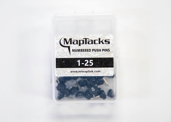 Map Push Pins, Black, Numbered 1-25 East View Map Link