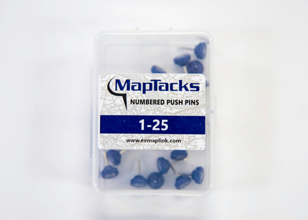 Map Push Pins, Blue, Numbered 1-25 East View Map Link
