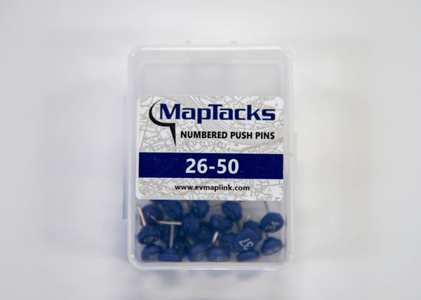 Map Push Pins, Blue, Numbered 26-50 East View Map Link