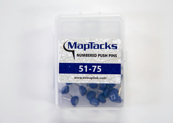 Map Push Pins, Blue, Numbered 51-75 East View Map Link