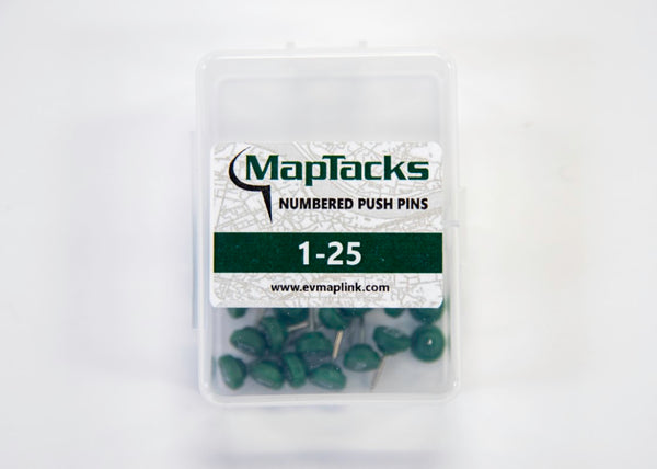 Map Push Pins, Green, Numbered 1-25 East View Map Link