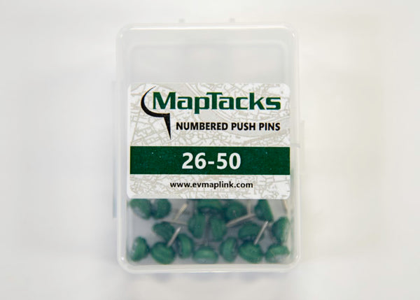 Map Push Pins, Green, Numbered 26-50 East View Map Link