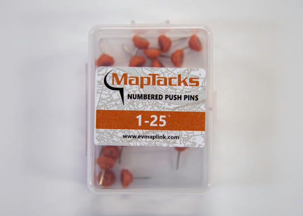 Map Push Pins, Orange, Numbered 1-25 East View Map Link