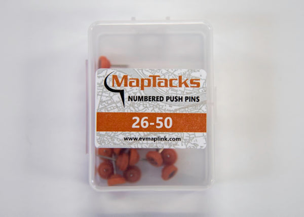 Map Push Pins, Orange, Numbered 26-50 East View Map Link