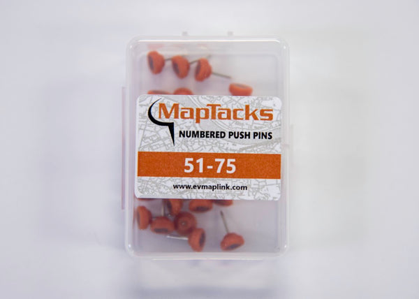 Map Push Pins, Orange, Numbered 51-75 East View Map Link