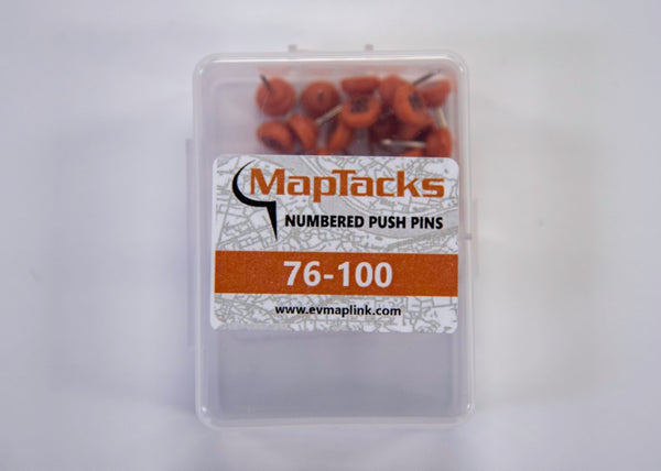 Map Push Pins, Orange, Numbered 76-100 East View Map Link