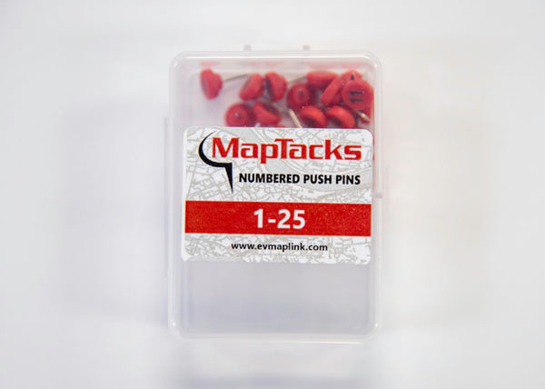 Map Push Pins, Red, Numbered 1-25 East View Map Link
