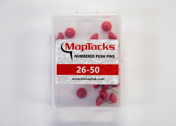 Map Push Pins, Red, Numbered 26-50 East View Map Link