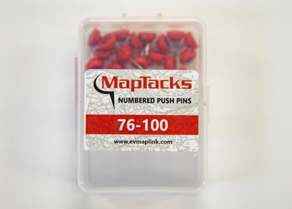 Map Push Pins, Red, Numbered 76-100 East View Map Link