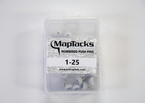 Map Push Pins, White, Numbered 1-25 East View Map Link