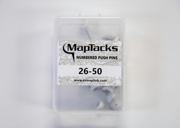 Map Push Pins, White, Numbered 26-50 East View Map Link