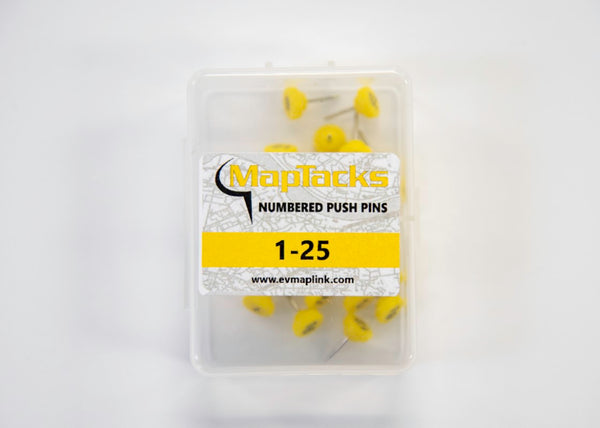 Map Push Pins, Yellow, Numbered 1-25 East View Map Link