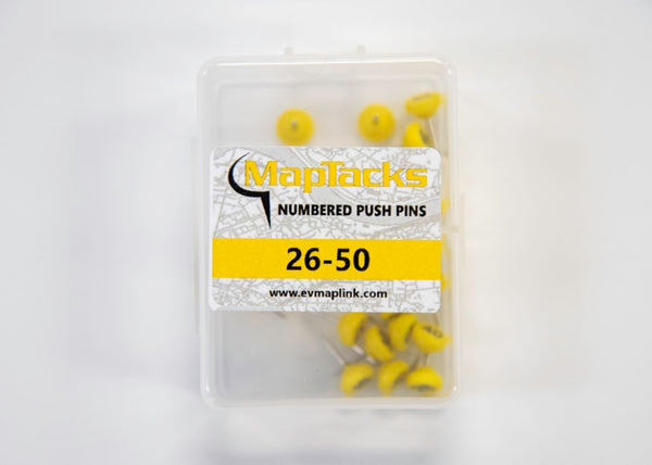Map Push Pins, Yellow, Numbered 26-50 East View Map Link