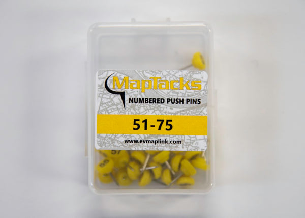 Map Push Pins, Yellow, Numbered 51-75 East View Map Link