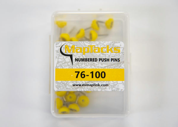Map Push Pins, Yellow, Numbered 76-100 East View Map Link