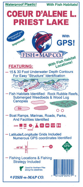 Coeur d'Alene Lake, Priest Lake Fishing Map Fish-n-Map Company