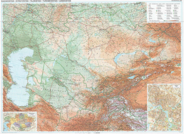 Kazakhstan : Kyrgyzstan - Tajikistan : Turkmenistan - Uzbekistan : 1:3,000,000 : geographical map (flat) GiziMap
