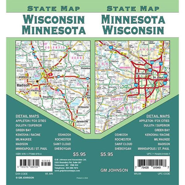 Minnesota & Wisconsin State Map GM Johnson