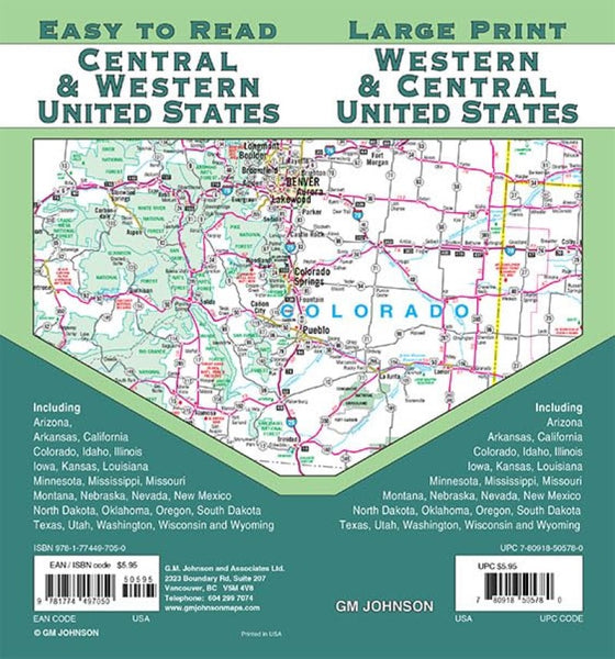 United States, Western & Central, Large Print Road Map GM Johnson