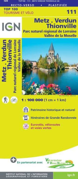 Sheet 111. Metz - Verdun - Luxembourg Hiking & Cycling Map Institut Geographique National
