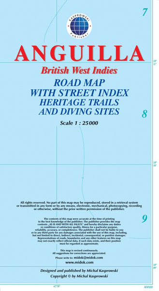 Anguilla, British West Indies : road map with street index heritage trails and diving sites Kasprowski Publisher