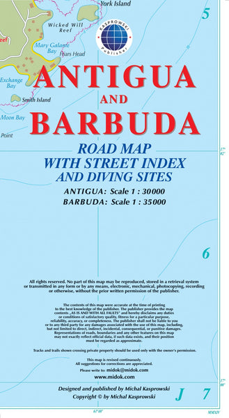 Antigua and Barbuda : road map with street index and diving sites Kasprowski Publisher