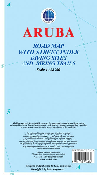 Aruba : road map with street index diving sites and biking trails Kasprowski Publisher