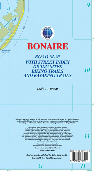Bonaire : road map with street index diving sites biking trails and kayaking trails Kasprowski Publisher