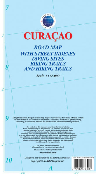 Curaçao : road map with street indexes diving sites biking trails and hiking trails Kasprowski Publisher