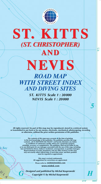 St. Kitts (St. Christopher) and Nevis : road map with street index and diving sites Kasprowski Publisher