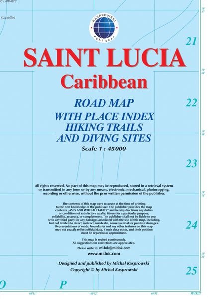Saint Lucia, Caribbean : road map with place index hiking trails and diving sites Kasprowski Publisher