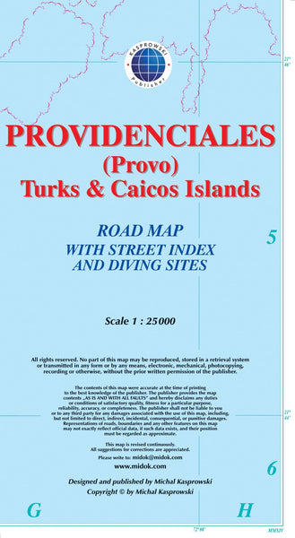 Providenciales (Provo) : Turks & Caicos Islands : road map with street index and diving sites Kasprowski Publisher