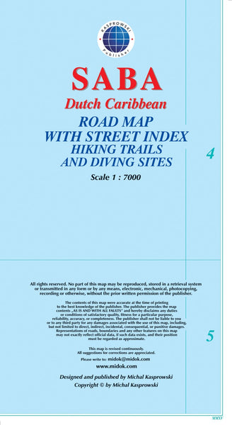 Saba, Dutch Caribbean : road map with street index hiking trails and diving sites Kasprowski Publisher
