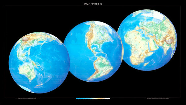 World, 3 Global Views [36x64, Laminated] Raven Maps