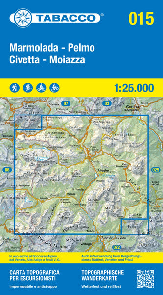 Marmolada - Pelmo - Civetta - Moiazza, Italy Hiking Map (#15) Tabacco Map
