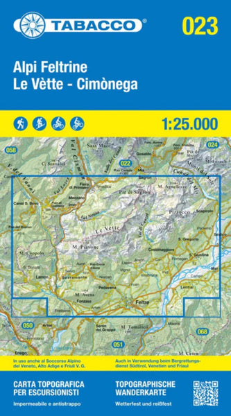 Alpi Feltrine - Cimònega - Lè Vette, Tabacco Map #23 - 1:25,000 Tabacco Map
