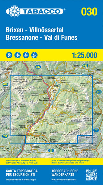 Bressanone/Brixen - Val di Funes/Villnosstal, Italy Hiking Map #30 - 1:25,000 Tabacco Map