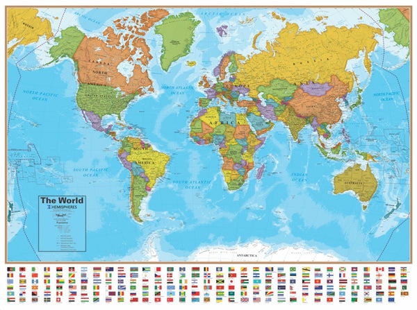 Hemispheres Blue Ocean Series Bi-Lingual French/English World Laminated Wall Map : 38" x 51" Round World