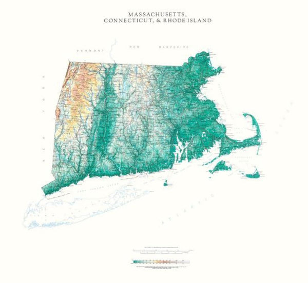 Massachusetts, Connecticut, & Rhode Island [Physical, 32x36] Raven Maps