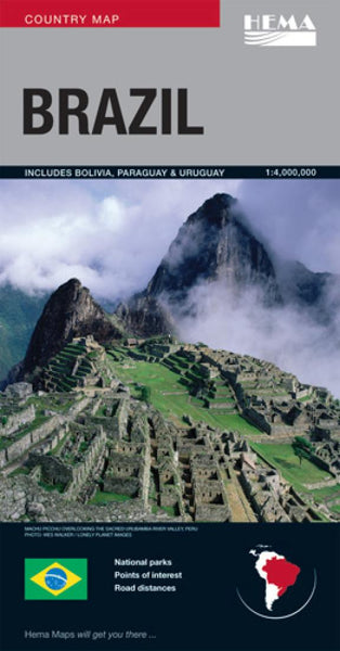 Brazil : country map : includes Bolivia, Paraguay, Uruguay, national parks, points of interest, road distances Hema Maps