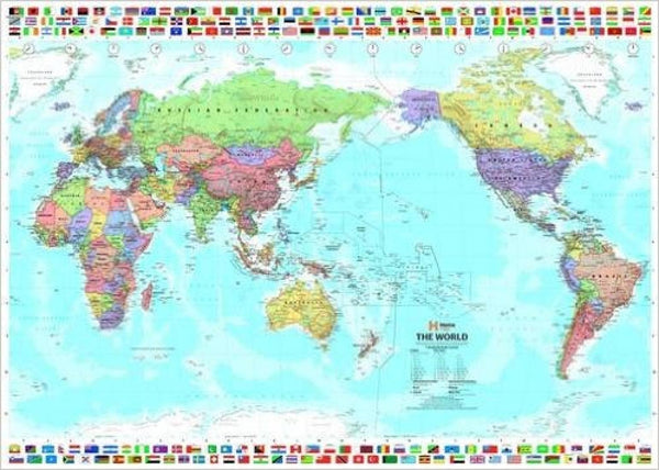 World & flags political : Pacific centred : laminated wall map Hema Maps