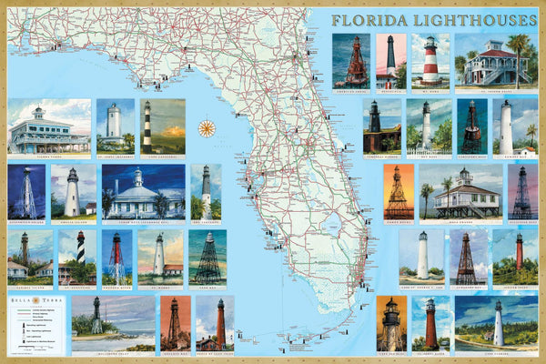 Florida Lighthouses Map - Laminated Poster Bella Terra Publishing LLC