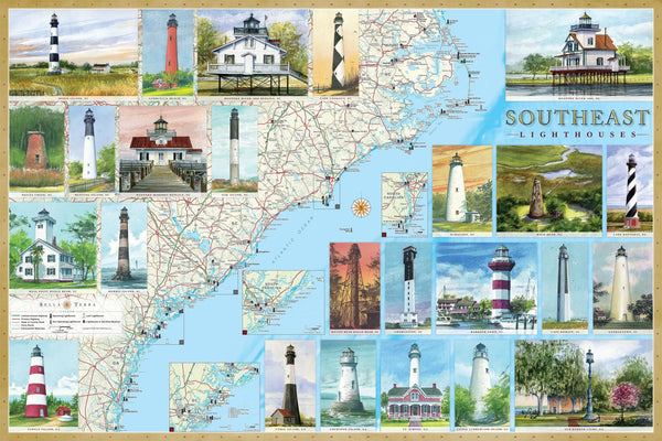 Southeast Lighthouses Map - Laminated Poster Bella Terra Publishing LLC