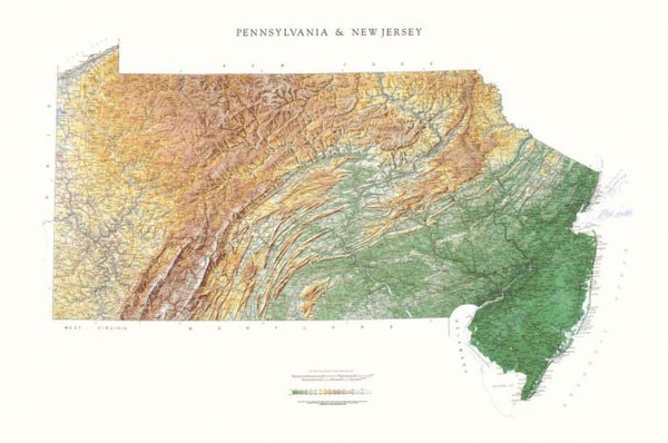 Pennsylvania & New Jersey [Physical ,36x54, Laminated] Raven Maps